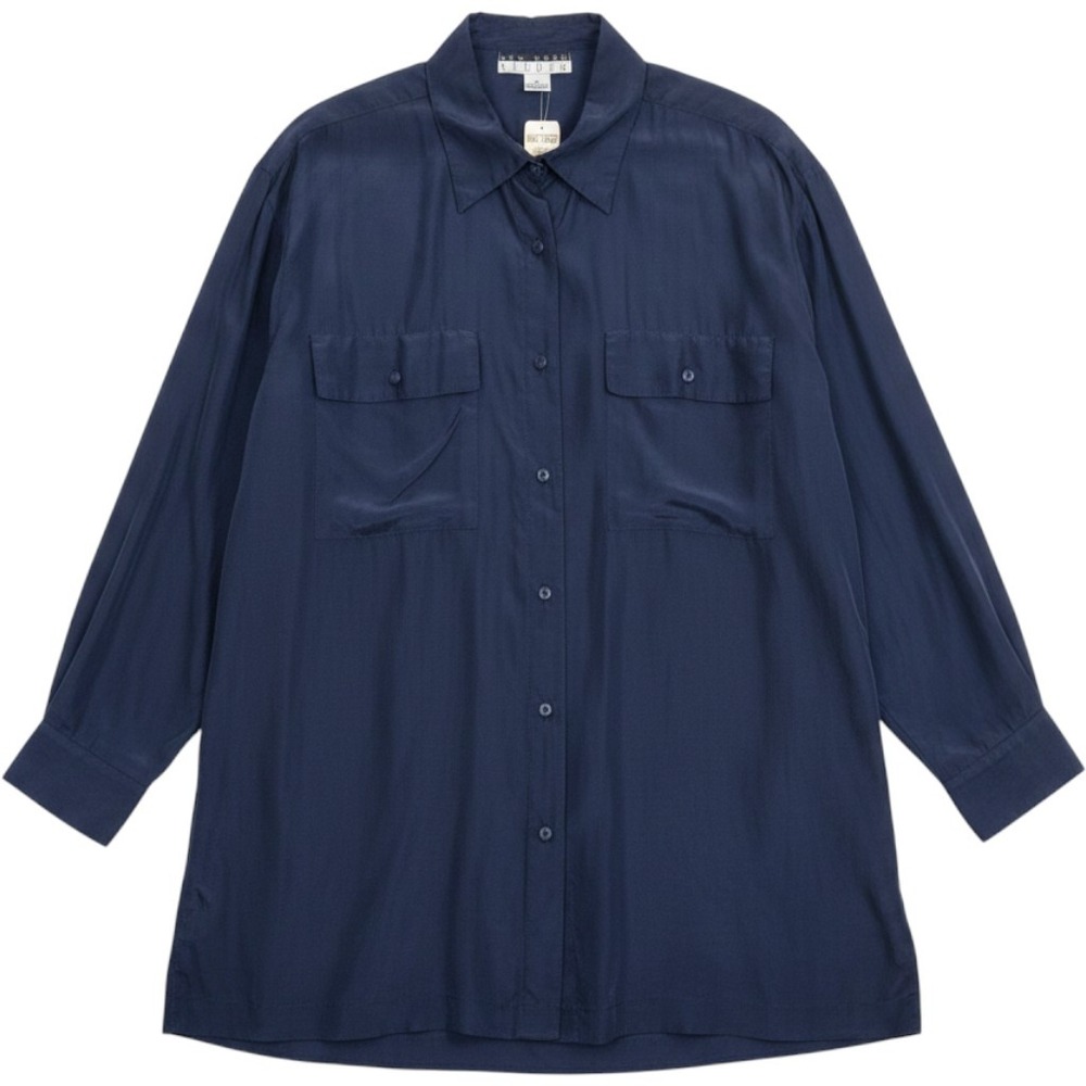 New York Studio Silk Blouse Womens Large Navy Blue NWT Tunic Button Up Utility